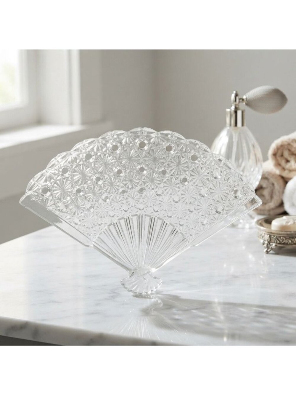 Vintage Fenton Daisy and Button Clear Glass Fan Shaped Vanity Trinket Tray